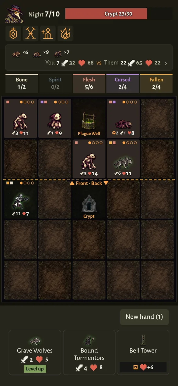 A morning on night 7: ghouls, rats and a Plague Well on the graveyard, the crypt in the middle, three cards in hand.